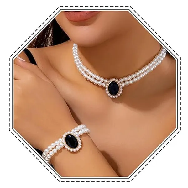 Brishow Pearl Necklace Jewelry Set Wedding Pearls Earrings Necklaces Set Bridal Crystal Bracelet Jewelry for Women (Pack of 3) - 2 Layered - Black