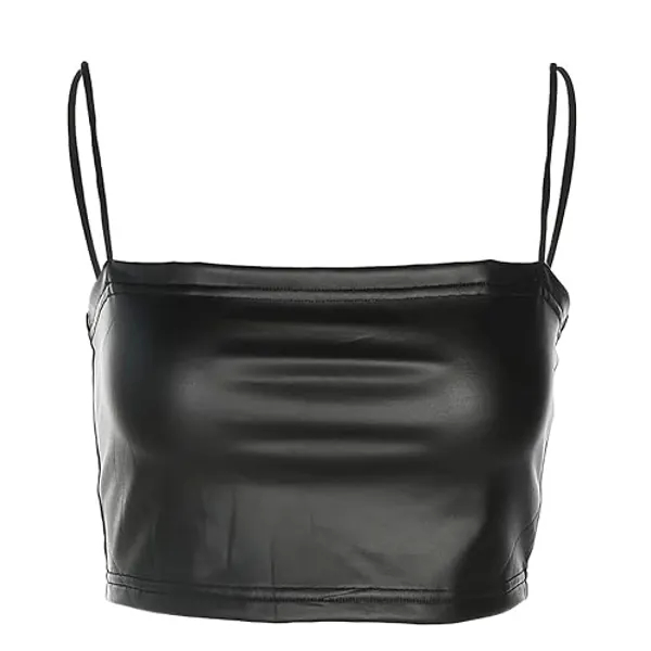 LXXIASHI Casual Women Black PU Leather Camisole Femme Bralette Bodycon Crop Top Ladies Streetwear Halter Summer - Small - Halter - Black