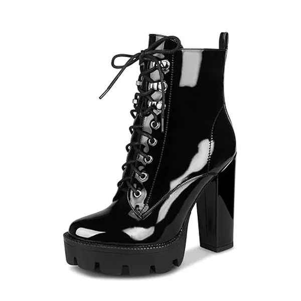 wetkiss Platform Boots for Women, Heeled Combat Boots Chunky Heel Booties Round Toe Lace Up High Heel Ankle Boots - 7 - Patent Black
