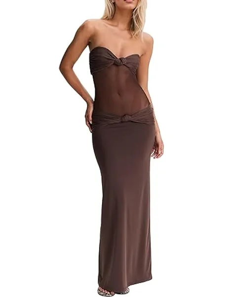 Women’s Maxi Dress Removable Spaghetti Straps Knotted Twist Sweetheart See Through Night Club Party Cocktail Bodycon Dress - X-Small - Brown