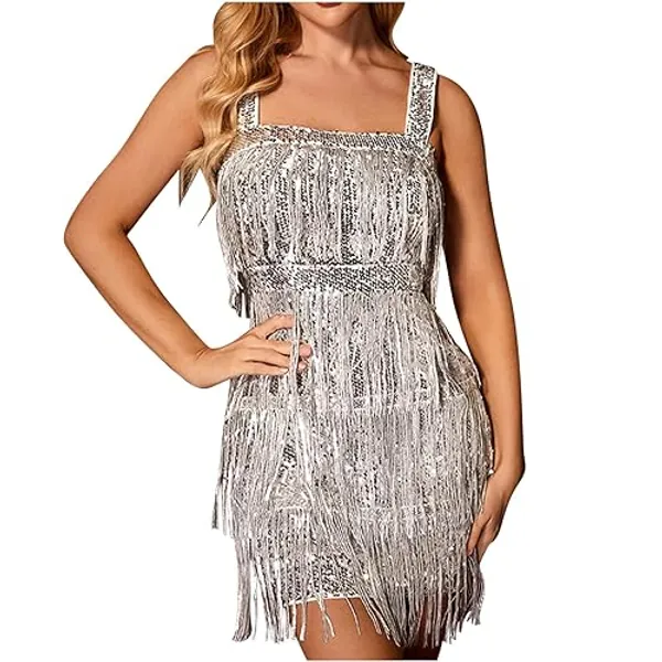 Womens Fringe Dress Spaghetti Strap Sleeveless Tassel Sling Dress Sexy V Neck Backless Cocktail Party Mini Dress - X-Small - 03 Silver