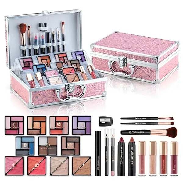 Color Nymph Makeup Case with Full Kit Cosmetics Set For Girls, Makeup Sets For Beginner Teenages Train Case Make Up Kit Cosmetics Box Includs Eyeshadow Lipstick Blush Lipgloss Mascara and Tools -Pink - Romantic Pink