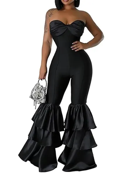 Ecirod Womens 2024 Summer Strapless Jumpsuits High Waisted Tiered Ruffle Flare Pants One Piece Tube Top Romper - Small - Black