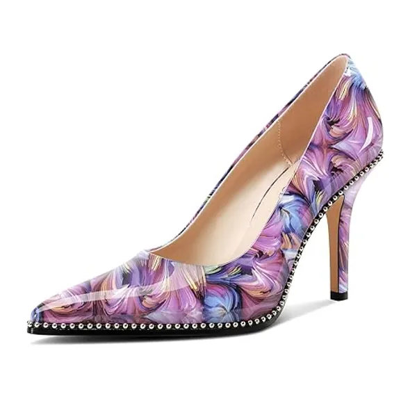 TNYNFBEB Womens Stiletto Mid Heel Pointed Toe Pumps Slip-on Sliver Beaded Prom Wedding Dress Basic Classic Patent Leather 3.5 Inches Heels - 7.5 - Purple Vortex