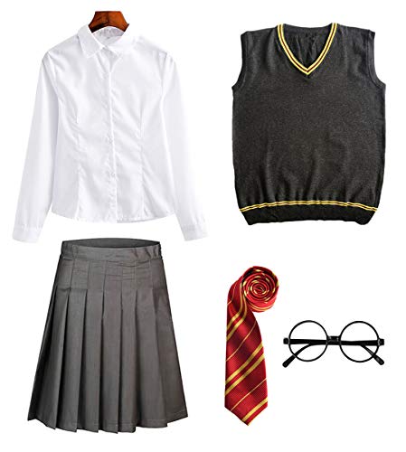 FStory&Winyee Zauberer Set Bluse Rock Weste Krawatte Brille Kostüm Zubehör für Kinder Erwachsene Zubehör Set Striped Tie Gestreifte Krawatte zum Karneval Fasching Halloween - #2 Weiblich-rot - XXL