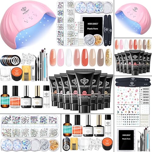 Modelones Poly Nail Gel Kit with 48W LED Nail Lamp 8 Fall Colors Clear Orange Pink Brown Glitter Extension Builder Gel Complete Nail Art Tools Manicure Professional Nail Starter Supplies DIY at Home - C3-Elegant Collection