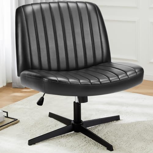 DUMOS Cross Legged Armless Wide Wheels, Modern Home Office Desk Swivel Adjustable Vanity Chair, Leather Black