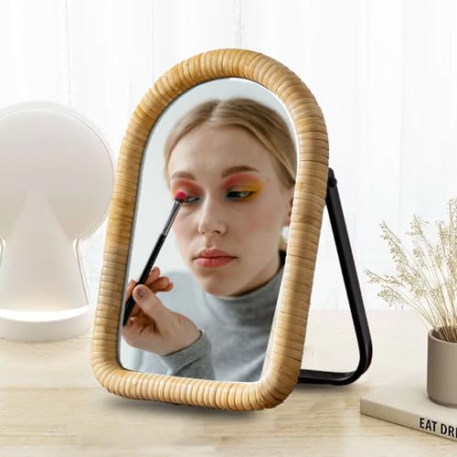 HuiDao Vanity Table Mirror, Ratten Framed Desk Makeup Mirror with Stand, Oval Boho Dresser Mirrors for Tabletop, Bedroom, Bathroom, Living Room, Antique 10.8'' x 7'' (Arched) - Arched