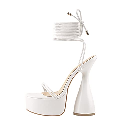 onlymaker Women's Open Toe Block Heels Platform Sandals - 5 - Lace Up Single Band White