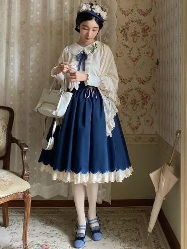 [$57.00]Dark Blue Lace-up Detail Skirt with Lace Trim Short Version