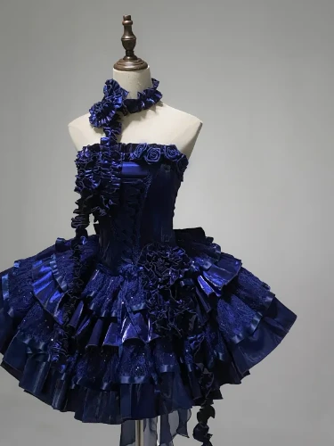[$82.00]Klein Blue Roses Neckline Lolita Goth Boning Dress Sequins Tiered Puffy Dress