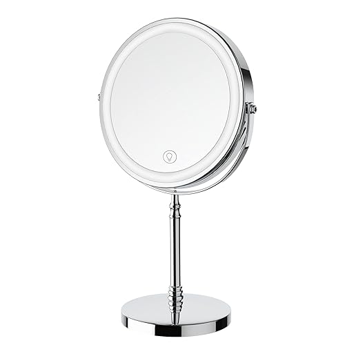 Lighted Makeup Mirror, 3000 mAh Rechargeable Double Sided Magnifying Mirror with 3 Colors, 1x/10x 360° Rotation Vanity Mirror, Brightness Adjustable Magnification Cosmetic Light up Mirror, Women Gift - Chrome