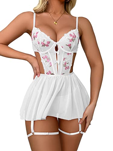 WDIRARA Women's Floral Embroidery Mesh Split Cut Out Babydoll Lingerie Slip Dress - Small - White