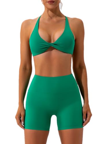 ABOCIW Workout Sets for Women 2 Piece Twist Front Halter Sports Bras High Waist Booty Shorts Exercise Gym Yoga Outfit - W-green - Small