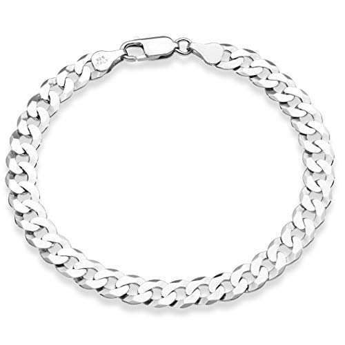 Miabella 925 Sterling Silver Italian 7mm Solid Diamond-Cut Cuban Link Curb Chain Bracelet for Men Women, Made in Italy - Length 7.5 Inches (Small)