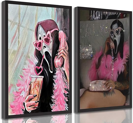 2Pcs Halloween Ghosts Mask Wall Art Modern Pink Academic Gothic Romantic Ghost Wall Decor Pictures Horror Funny Preppy Canvas Posters Prints for Corridor Restroom Toilet Bedroom Decoration Unframed (Poster, 12x16in) - 12x16in - Poster