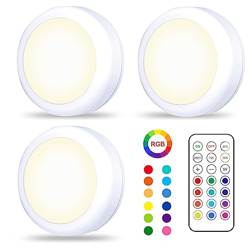 UEASE Under Cabinet LED Lights with Romote, 3PCS RGB Light Wireless Lights Battery Powered Puck Lights Under Cupboard Tap&Remote Control, 13 Colors, Dimmable, Timer, for Kitchen Bedroom