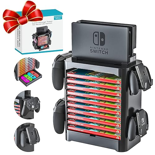 Skywin- Game Storage Tower Compatible With Nintendo Switch, Nintendo Switch Stand Holder, Game Disk Rack, Controller Organizer, Switch Holder Stand for Gamers (Black) - 1 Pack - Black
