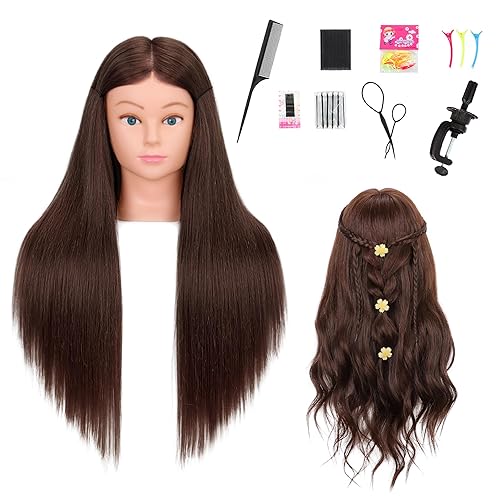 Mannequin Head Human Hair 26"-28" Female 80% Human Hair Mannequin Head Hair Styling Cosmetology Manikin Head Doll Head for Hairdresser with Free Clamp Holder and Tools - 80% - Brown