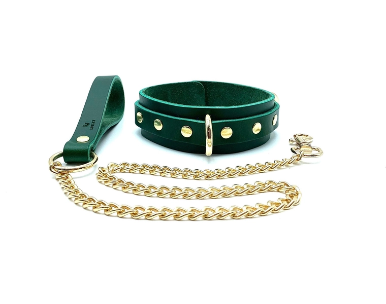 BDSM Collar and Leash, "Mona", Emerald Green Italian Leather Choker for Submissive 1.5", Leather Collar for Women