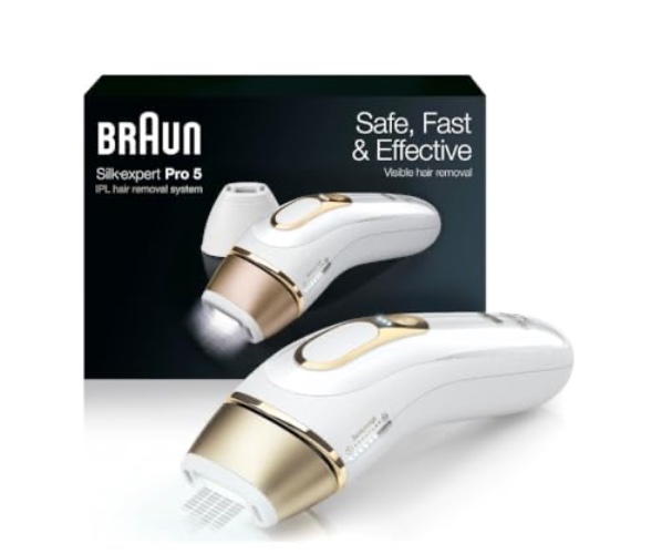 Braun Silk Expert Pro5 IPL Hair Removal Device for Women & Men - Lasting Hair Regrowth Reduction, Virtually Painless Alternative to Salon Laser Removal - Gold/White - 1 Count (Pack of 1)