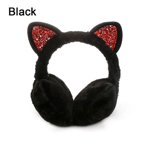 Winter Cat Theme Warm Earmuffs - Black