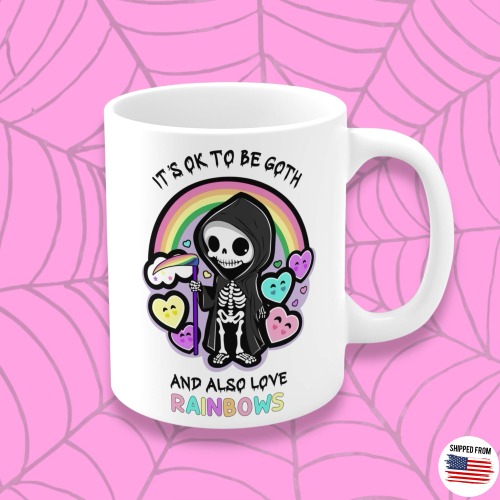 It’s ok to be goth and also love rainbows Mug, kawaii goth, pride - 11oz