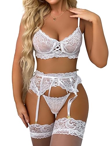 Yaudsour 4 Piece Lace Lingerie Set Sexy Garter Lingerie for Women with Stockings Matching Bra and Panty Sets Underwear - White - Large