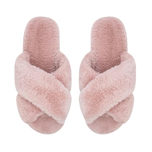Women Fluffy Cross Band House Slippers Fuzzy Open Toe Slippers Cozy Plush Slip-on Home Shoes Indoor Outdoor - 9-10 - Pink
