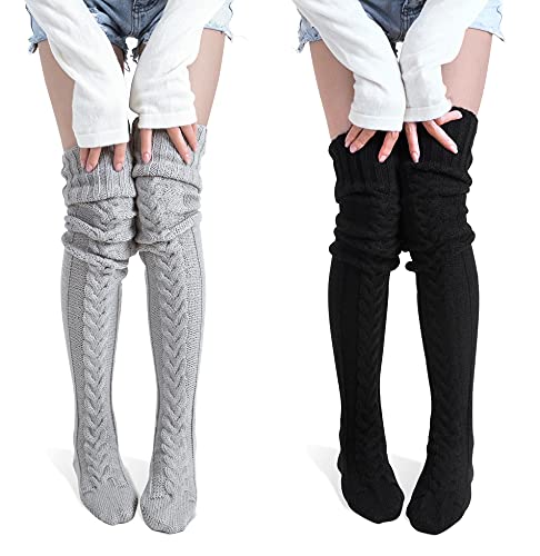 Pcavin Women's Thigh High Socks Over the Knee Cable Knit Boot Socks, Long Warm Fashion Leg Warmers Winter - One Size - 2pcs-gray&black
