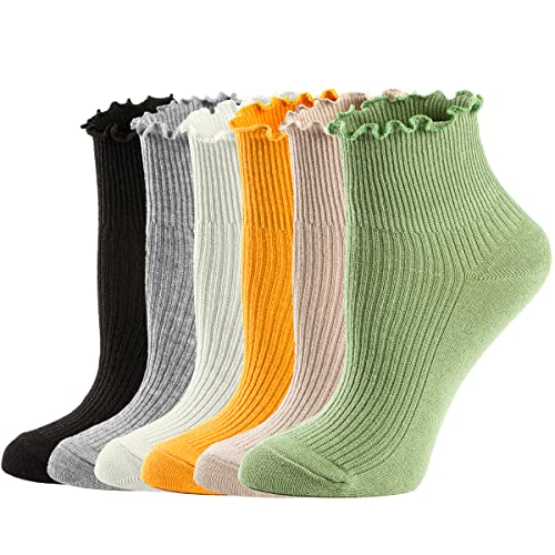 Mcool Mary Womens Socks, Ruffle Turn-Cuff Casual Ankle Socks Breathable Cool Knit Cotton Lettuce Crew Frilly Sock 6 Pack - 9-11 - 6colors (Green + Pink + Yellow + White + Gray + Black)