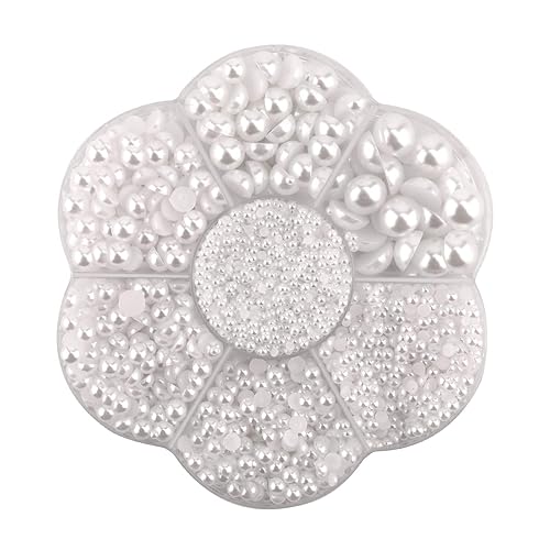 SAVITA 5600Pcs 2/3/4/5/6/8/10mm White Flat Back Pearl Half Round Pearls Beads Satin Luster Loose Beads Gems for DIY Craft Necklaces Bracelets Jewelry Decorations Wedding Dress Nail Art Making