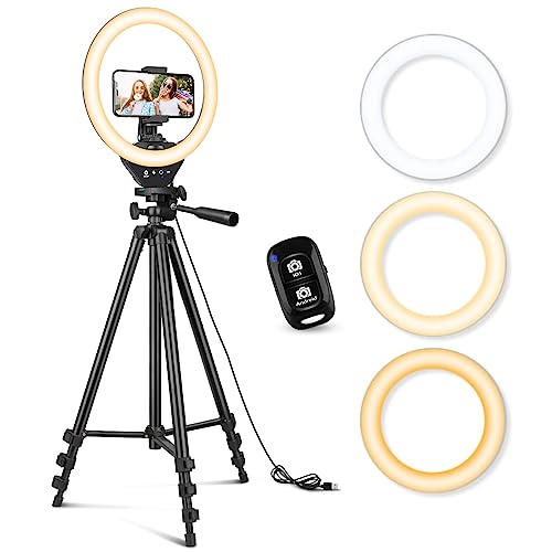 Sensyne 10'' Ring Light with 50'' Extendable Tripod Stand, LED Circle Lights with Phone Holder for Live Stream/Makeup/YouTube Video/TikTok, Compatible with All Phones - 10 inches - Nature