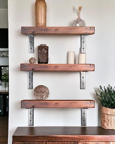 HEIRLOUM Urban Timber Rustic Reclaimed Wood Wall Mounted Shelf, Storage Ledges with Sturdy Metal Brackets for Home Bathroom, Bedroom, Office, Rustic Brown (20 Inch, 2, Pc Set) - 20 Inch - 2