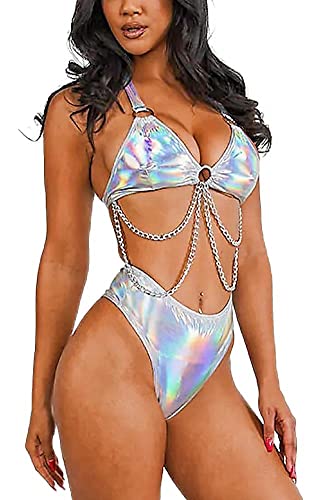 Metallic Holographic Body Chain Harness Top High Waist Bottom Festival Dance Bikini Set