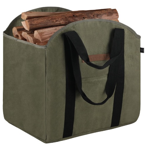 BONTHEE Firewood Carrier Bag Waxed Canvas Waterproof Large Log Carrier Holder Freestanding Tote Bag for Firewood - Army Green - 2_army green