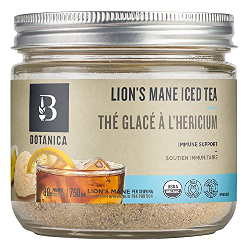 Botanica Organic Real Lion's Mane Immune Support Superfood Lemon Iced Tea Hydration With Coconut Water Juice Drinks Mix Electrolytes Powder Enhancer No Sugar Flavoring 20 Servings - Organic Lion's Mane Iced Tea Powder - 80 g (Pack of 1)