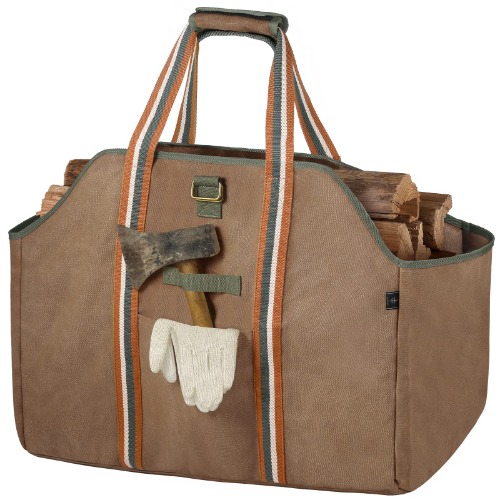 BONTHEE Firewood Carrier Bag Waxed Canvas Waterproof Extra Large Log Carrier Holder Freestanding Tote Bag for Firewood - Brown - 1_brown