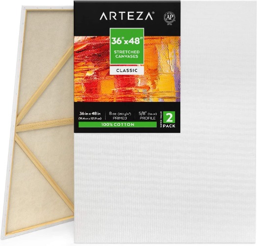 ARTEZA 36x48" Stretched White Blank Canvas, Bulk Pack of 2, Primed, 100% Cotton for Painting, Acrylic Pouring, Oil Paint & Wet Art Media, Canvases for Professional Artist - 36x48” pack of 2