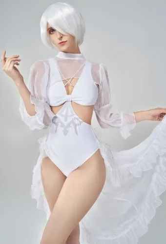 2B Derivative One-Piece Swimsuit Cutout Bathing Suit with Chiffon wrap Skirt and Puff Sleeves Cover-up Swimwear