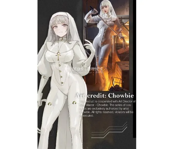 Miccostumes x Mobbunny x Chowbie Sisters Set Halloween White Nun Costume Bodysuit Jumpsuit with Collar Headband Necklace