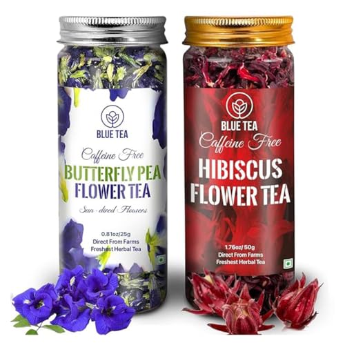BLUE TEA - COMBO - Butterfly Pea Flower Tea (0.88 OZ) and Hibiscus Flower Tea (1.76 OZ) | GIFTS FOR DAD | Super Anti-Oxidant | Herbal Tea - Caffeine Free - Farm Fresh | Detox Tea | Pet Jar Pack - Combo - 2.64 Oz