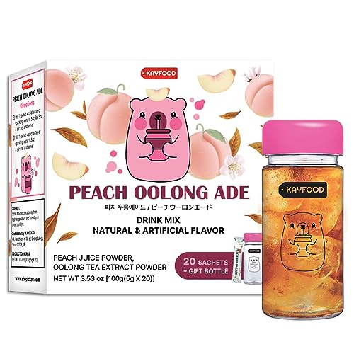 KAYFOOD Peach Oolongade Premium Oolong Tea & Peach Juice Powdered Mix 20 stick packs (3.53oz) with Gift Reusable Bottle, Zero Sugar Oolong Wulong Blended Iced Hot Tea Ade, Healthy support Drinkmix (Peach Oolong Ade) - Peach Oolong Ade
