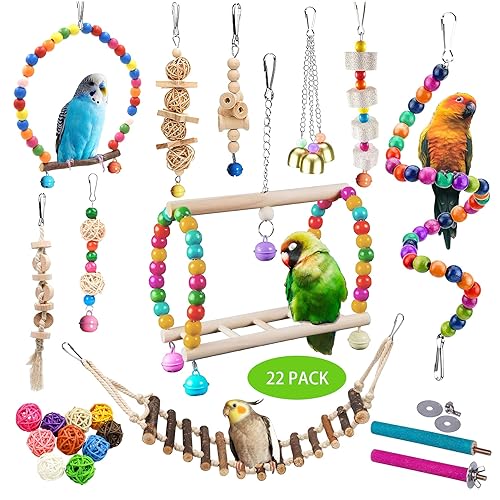 Sysmashing 22 Packs Bird Parakeet Cockatiel Toys,Parrot Swing Chewing Hanging Toy with Safe Bells,Bird cage Colorful Climbing Standing Rope Natural Wood Ladder Bungee Toys