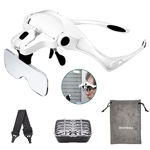Rightwell Lupenbrille mit Licht Hände Frei Kopfband Lupen mit 2 LED Lichts für Elektriker,Juweliere,Nähen,und ältere Menschen-5 Wechselobjektive (1.0X bis 3.5X)
