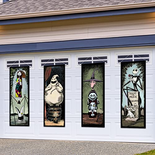 4PCS Nightmare Before Christmas Halloween Decorations, Jack Skellington Haunted Mansion Stretching Portraits Vintage Halloween Horror Backdrop Poster for Indoor Outdoor