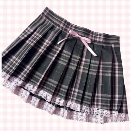 Academia Plaid Mini Skirt with ribbon (Dark Green) | L