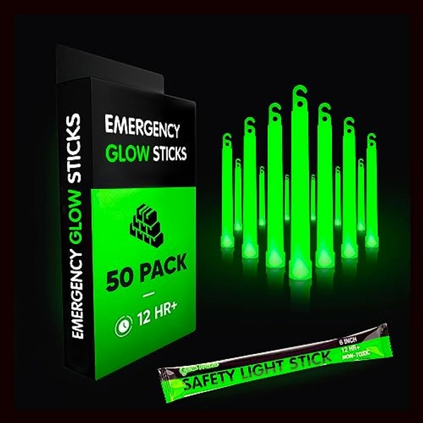 Emergency Glow Sticks with 12 Hours Duration, Individually Wrapped Industrial Grade Glowsticks for Survival Gear, Camping Lights, Power Outages and Military Use