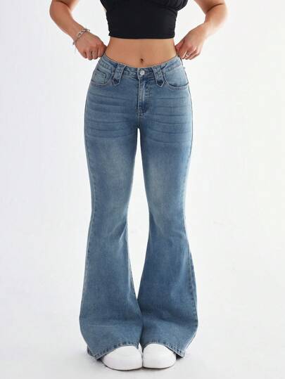 SHEIN EZwear Γυναικείο τζιν μονόχρωμο Flare Leg με τσέπες