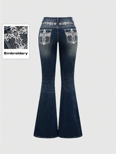ROMWE Grunge Punk Y2K Retro Poket Cross Wings Κεντημένα Flare Leg Εφαρμοσμένα τζιν για γυναίκες